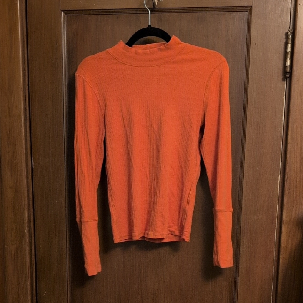 Orange Ribbed Mock Neck Long Sleeve Top